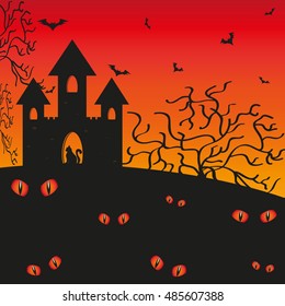 Castle with feline eyes. Halloween illustration.