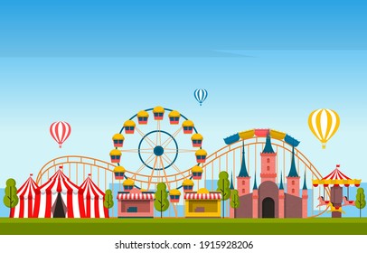 Castle Ferris Wheel Amusement Park Happy Holiday Illustration