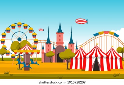 Castle Ferris Wheel Amusement Park Happy Holiday Illustration