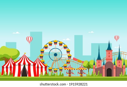 Castle Ferris Wheel Amusement Park Happy Holiday Illustration