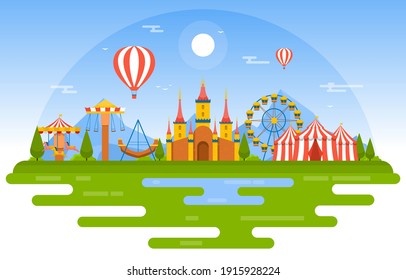 Castle Ferris Wheel Amusement Park Happy Holiday Illustration