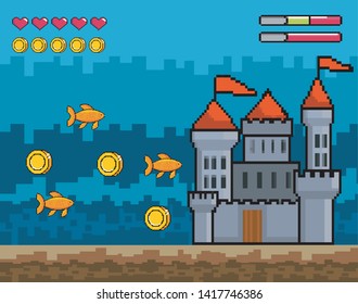 castle with fishes and coins with hearts life bars