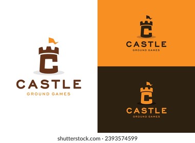 Castle and flag logo with letter C logo icon creative vector illustration