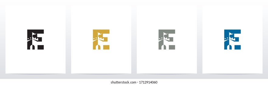 Schloss mit Flagge auf Buchstaben Logo Design E