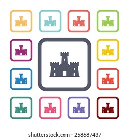castle flat icons set. Open colorful buttons 