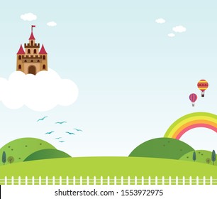 a castle floating on the cloud with fairytale landscape background