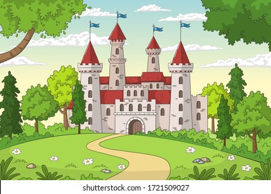 Castle in the forest. Hand drawn vector illustration with separate layers.