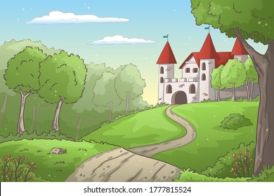 Castle in the forest. Hand drawn vector illustration with separate layers.