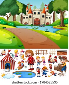 Castle in the forest scene with isolated cartoon character and objects illustration