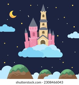 Castle fort fantasy on the cloud fantasy playful night scene illustration whimsical children style