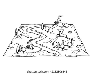 Castle Fort With Tower. Medieval Landscape In Engraving Style. Valley With River And Forest. Old Retro Hand Drawn Map.