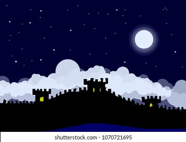 castle, fortifications in the night by the light of the moon, covered with clouds