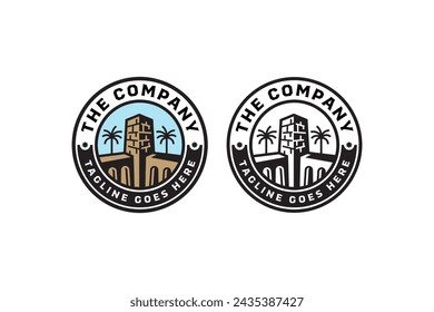 castle fortress building with palm desert badge logo for landmark building holiday brand identity