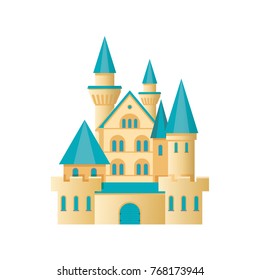 Castle fortress, citadel building. Children's entertainment playground, recreation park. Medieval stone fortress. Place for children's games. Amusement park. Vector flat illustration.