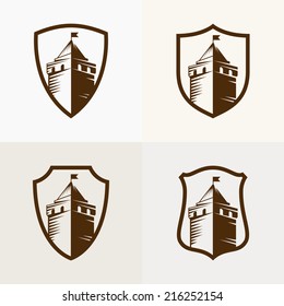 castle fortress on shield, vector icon illustration.