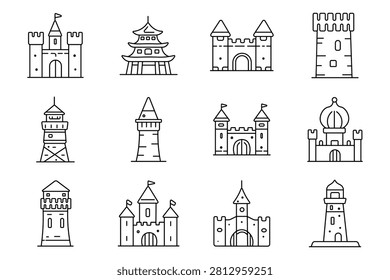 Castle fortress set icon. Medieval towers, eastern pagoda, stone gateway, defensive bastion, lighthouse structure, domed palace, fortified walls, royal architecture, historic stronghold