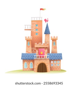 Castle or fortress with towers windows and gates. Adorable imaginary castle illustrated object for kids fairy tale. Vector hand drawn magic royal fort, isolated clip art illustration for children.