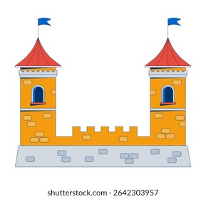 Fortaleza do castelo com duas torres objeto de desenho 2D. Reduto da fantasia. Fortificação segura do forte. Arquitetura histórica medieval elemento isolado plana vetor clip art no branco. Ilustração pontual