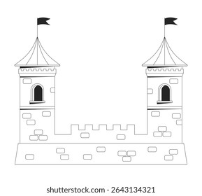 Fortaleza do castelo com duas torres objeto de linha 2D. Reduto da fantasia. Fortificação segura do forte. Item de contorno de tinta de vetor clipart isolado da arquitetura histórica medieval. Ilustração de ponto monocromático