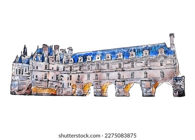 Castle france watercolor hand drawn illustration isolated on white background