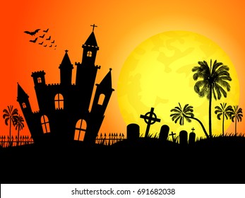 Castle and Full Moon Halloween night Background, vector illustration
