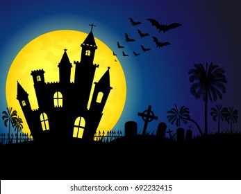 Castle and Full Moon Halloween night Background, vector illustration