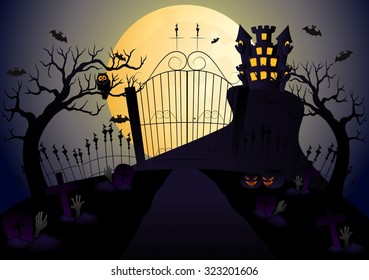 Castle and full moon vector illustration with pumpkin, bat, castle, tree and cemetery