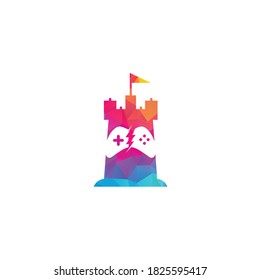 castle and game logo vector. castle game logo design template concept controller.