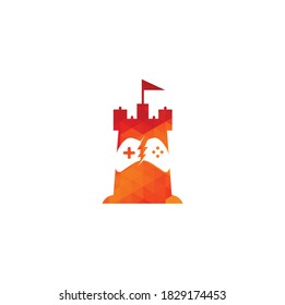 castle and game logo vector. castle game logo design template concept controller.