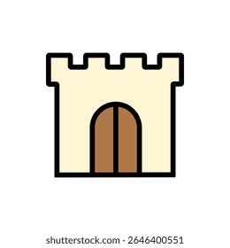 Castelo portão em estilo de contorno colorido com porta de madeira. Perfeito para missões épicas, acesso a masmorras e jogos com tema de reino.