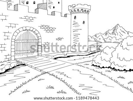 Castle gate graphic black white landscape sketch illustration vector