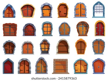 Castle gate icons set cartoon vector. Medieval door. Stone arch ancient