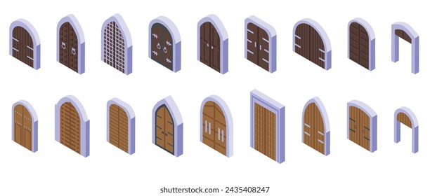 Castle gate icons set isometric vector. Medieval dungeon door. Wooden stone arch