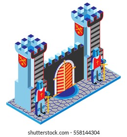 Castle gate, tower and guardians. Isometric view. Vector illustration.
