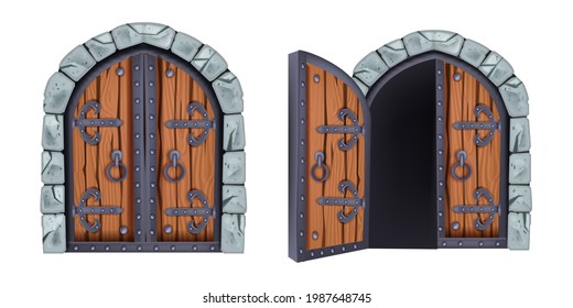 Castle gate vector illustration, medieval wooden city entrance, closed and opened vintage door, stone arch. Double facade portal, metal handle, fortress dungeon entry. Game castle gate design element