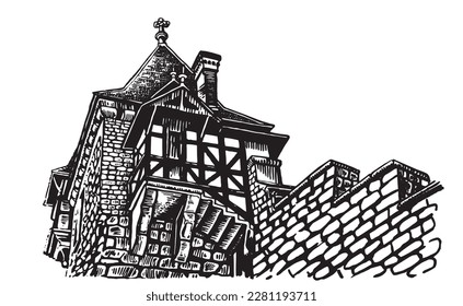 Castle of Germany, graphical hand-drawn Wernigerode Castle isolated on white background,vector element of architecture