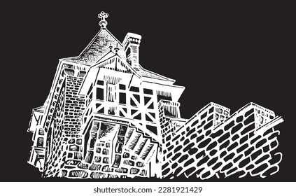 Castle of Germany, graphical hand-drawn Wernigerode Castle isolated on black background,vector element of architecture