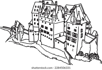 Castle of Germany, graphical sketch of  Eltz Castle isolated on white background,vector element of architecture