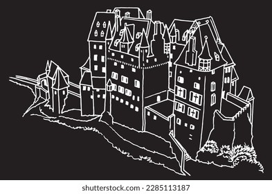 Castle of Germany, graphical sketch of  Eltz Castle isolated on black background,vector engraved element of architecture