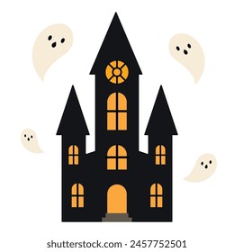 Castillo con fantasmas aislados sobre fondo blanco. Feliz Anuncio de vacaciones de Halloween para el Web, postales, volantes, etc. Ilustración vectorial de estilo plano