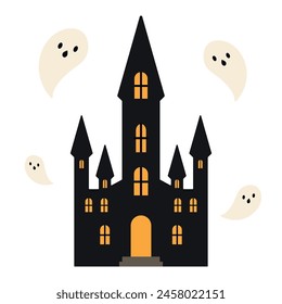 Castle with ghosts isolated on white background. Happy Halloween holiday banner for web, postcards, flyers, etc. Flat style vector illustration