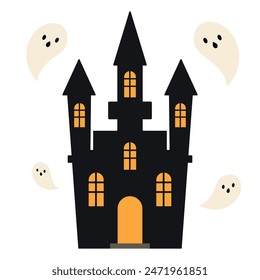 Castle with ghosts isolated on white background. Happy Halloween holiday banner for web, postcards, flyers, etc. Flat style vector illustration