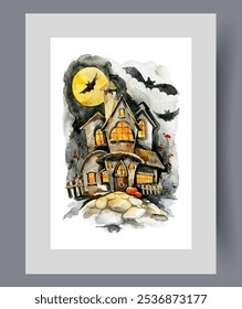 Castle with ghosts on night of Halloween celebrations October 31 on print. Watercolor poster. Artwork with scary bats flying up to witch house on Halloween eve, in frame with decor for wall art