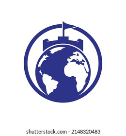 Castle globe vector logo design. Unique fortress and globe logotype design template.	