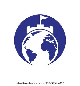 Castle globe vector logo design. Unique fortress and globe logotype design template.	