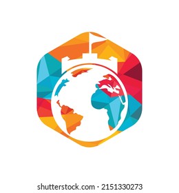 Castle globe vector logo design. Unique fortress and globe logotype design template.	