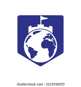 Castle globe vector logo design. Unique fortress and globe logotype design template.	