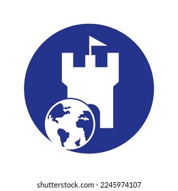 Castle globe vector logo design. Unique fortress and globe logotype design template.