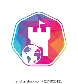 Castle globe vector logo design. Unique fortress and globe logotype design template.