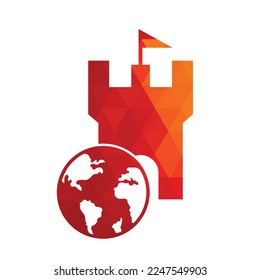 Castle globe vector logo design. Unique fortress and globe logotype design template.